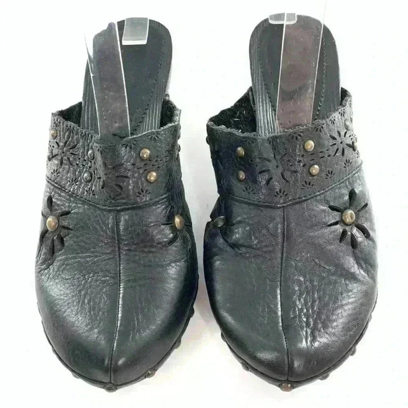 Pesaro womens clogs size 7 black leather studded floral slip on chunky mules - Picture 2 of 13